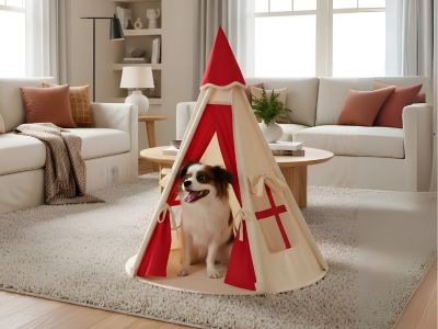 Happy dog relaxing in Magical Underland pet tent